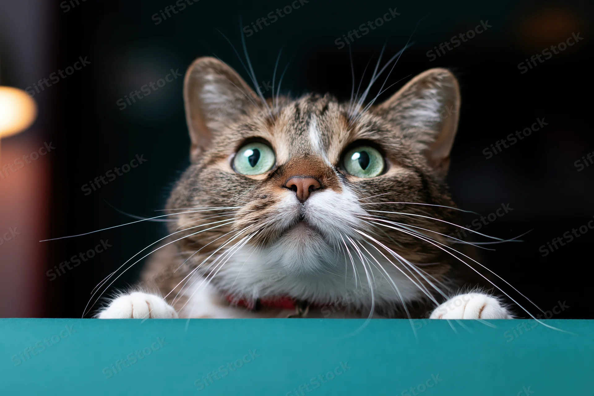 Tabby cat with wide green eyes peeking over a teal surface indoors