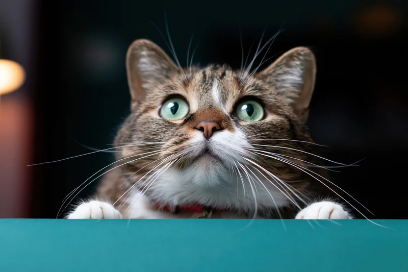Tabby cat with wide green eyes peeking over a teal surface indoors