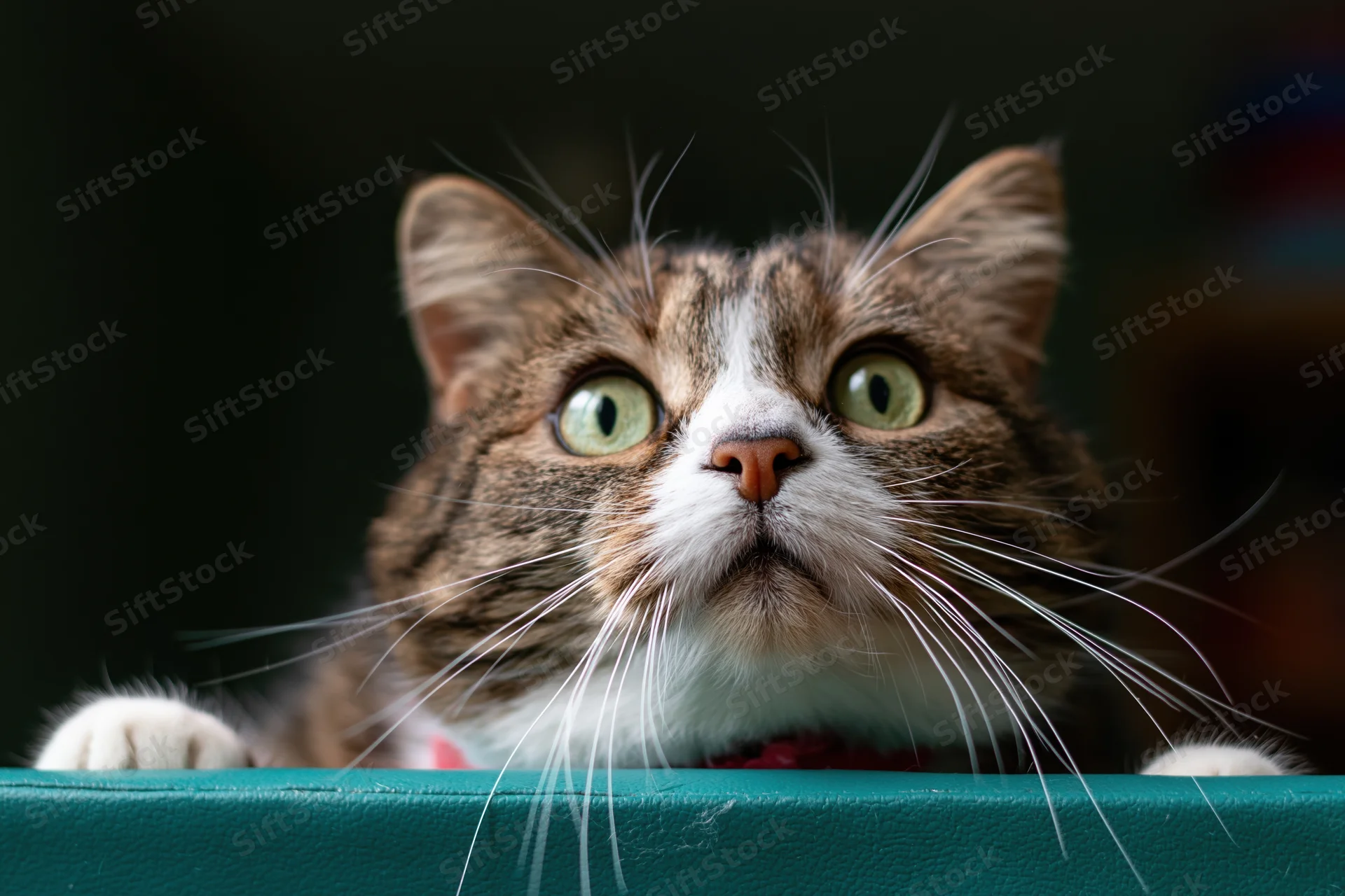 Tabby cat peeking over teal surface with wide green eyes