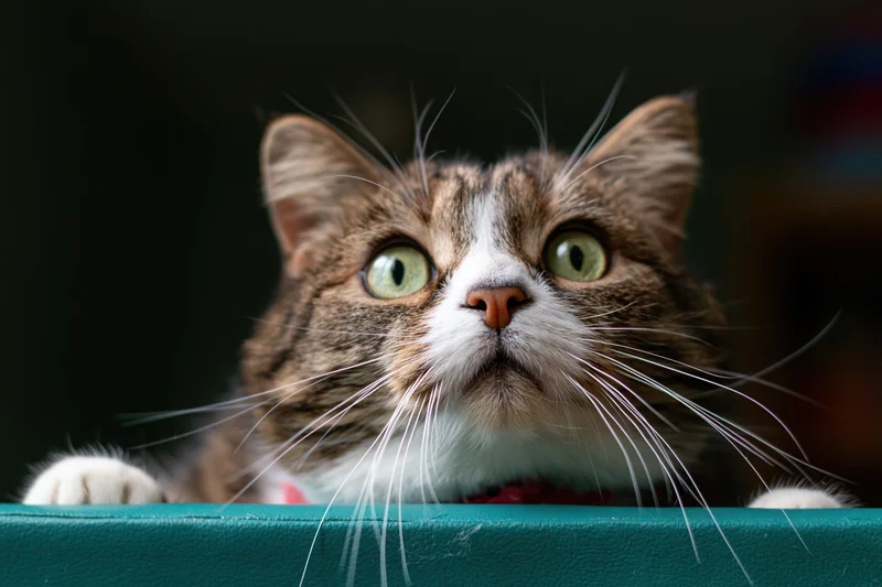 Tabby cat peeking over teal surface with wide green eyes