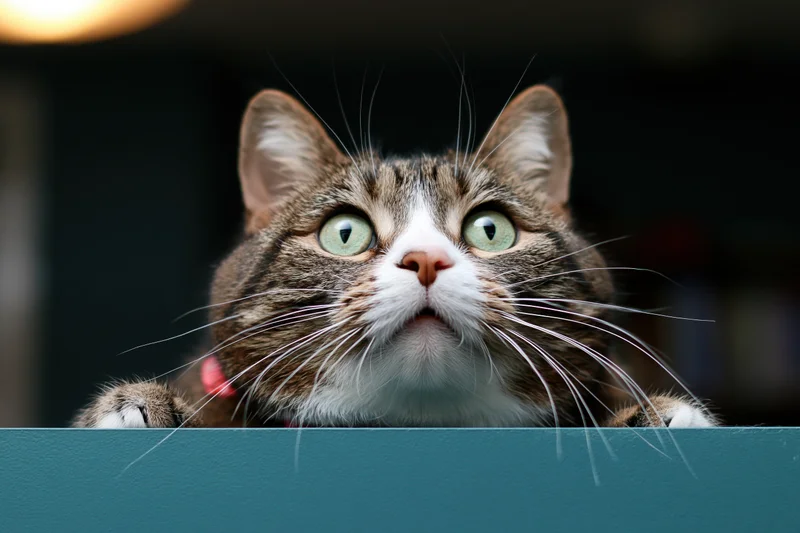 Tabby cat peeking over teal surface with wide green eyes looking up