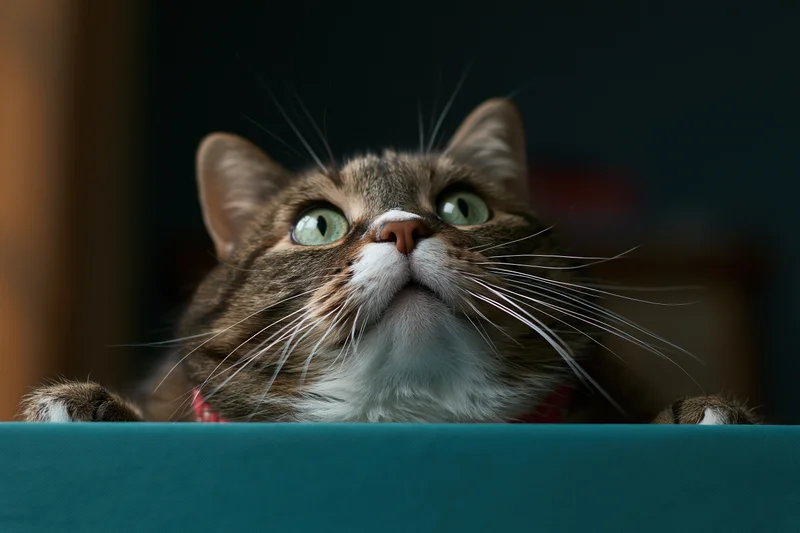 Tabby cat with wide green eyes looking up from behind a teal surface