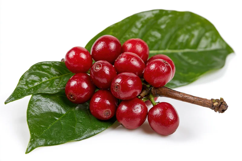 Ripe red coffee cherries clustered on a branch with green leaves against white background