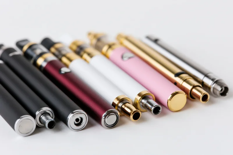 Collection of colorful vape pens arranged in a row on a white surface