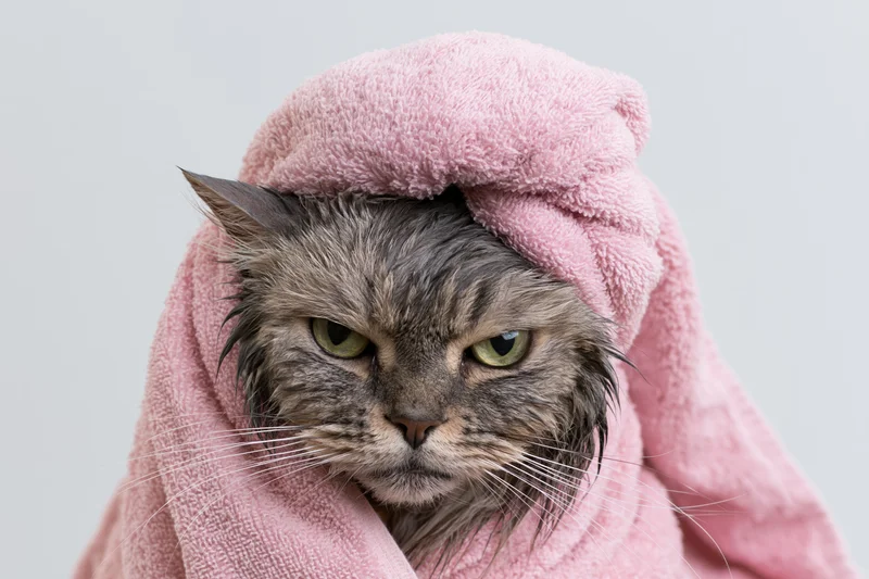 Damp grey tabby cat wrapped in pink towel, close-up portrait against white background