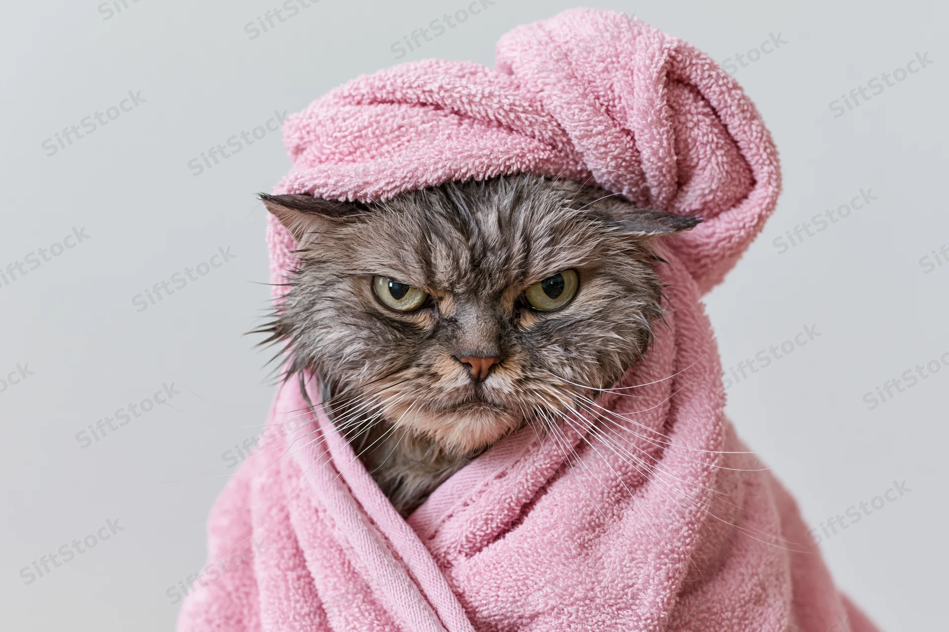 Damp grey tabby cat wrapped in pink towel with grumpy expression, studio portrait
