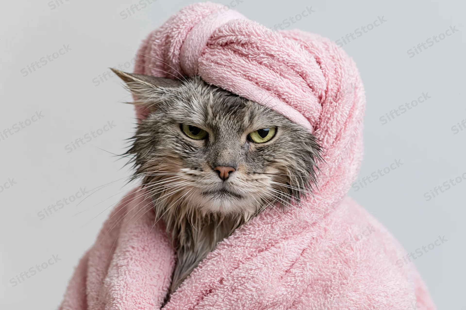 Damp gray tabby cat wrapped in pink terry towel against white background