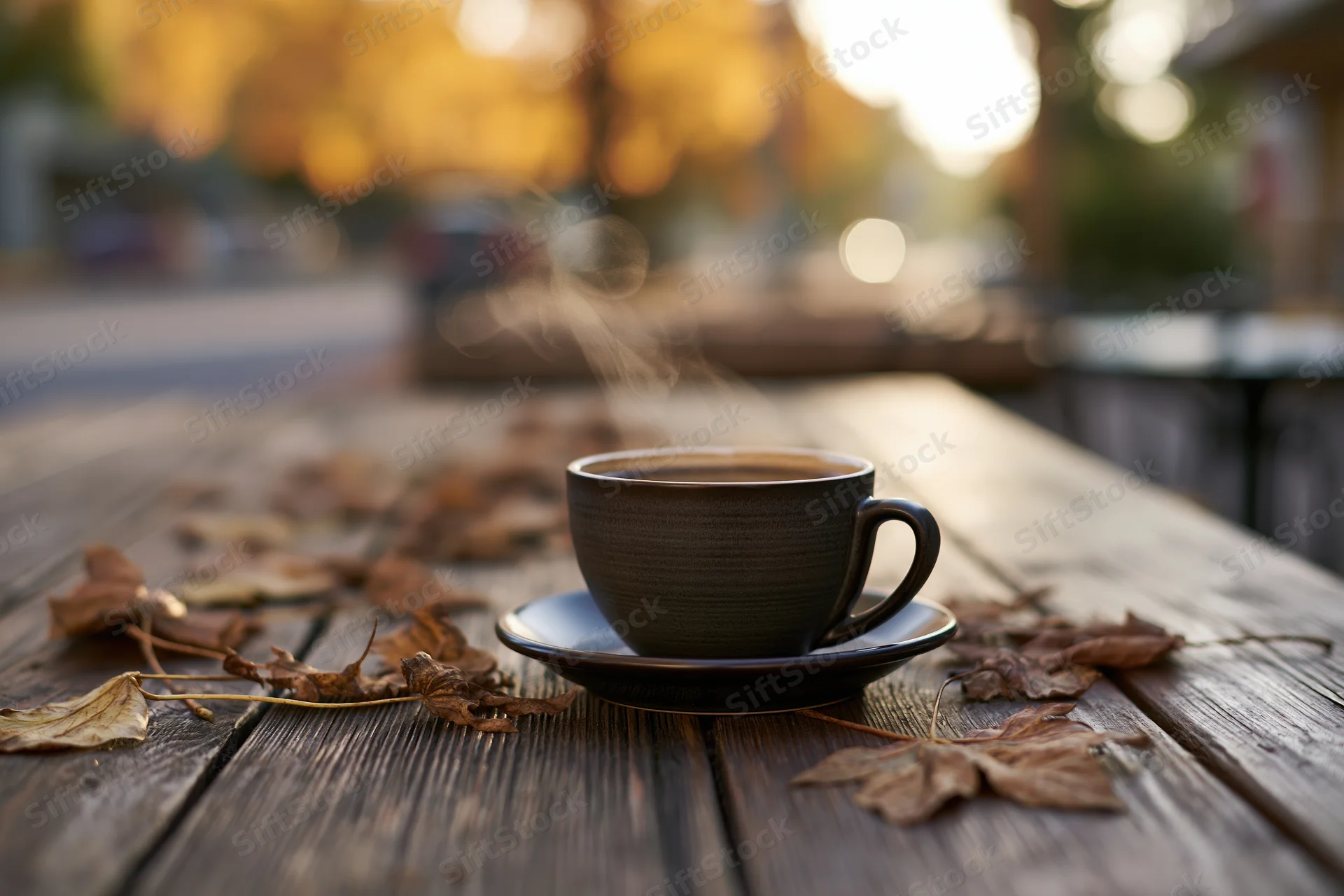 Steaming coffee cup on saucer with autumn leaves on weathered wooden table outdoors