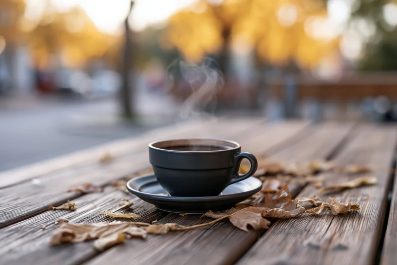 Steaming coffee cup on saucer resting on weathered wooden table outdoors among fallen autumn leaves