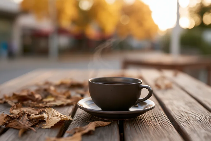 Steaming dark ceramic coffee cup on saucer resting on weathered wooden table with autumn leaves scattered around outdoors