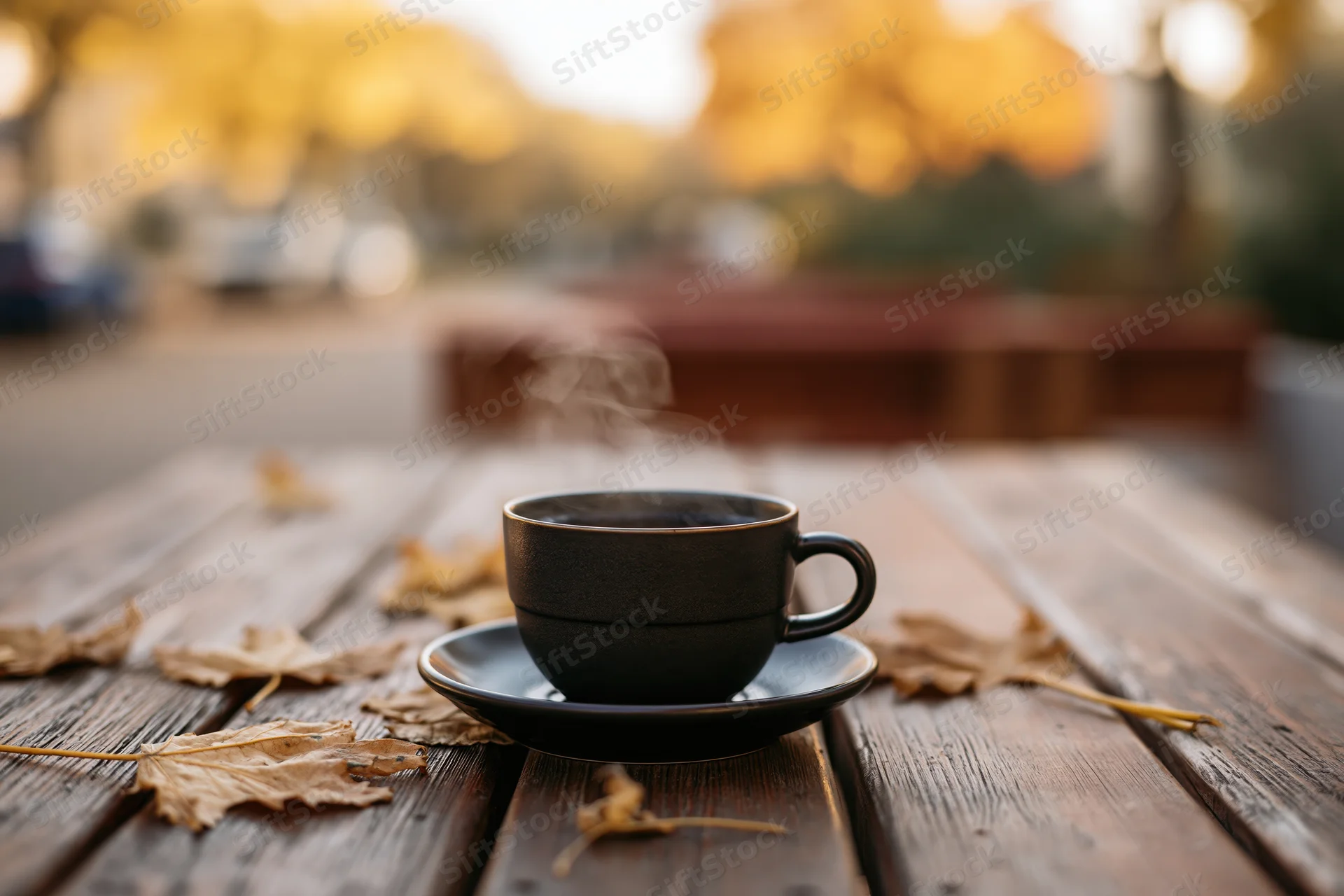 Steaming coffee cup on saucer with autumn leaves on weathered wooden table outdoors