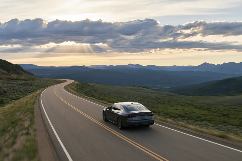 Dark sedan driving away on winding two-lane highway through mountainous rural landscape at sunset