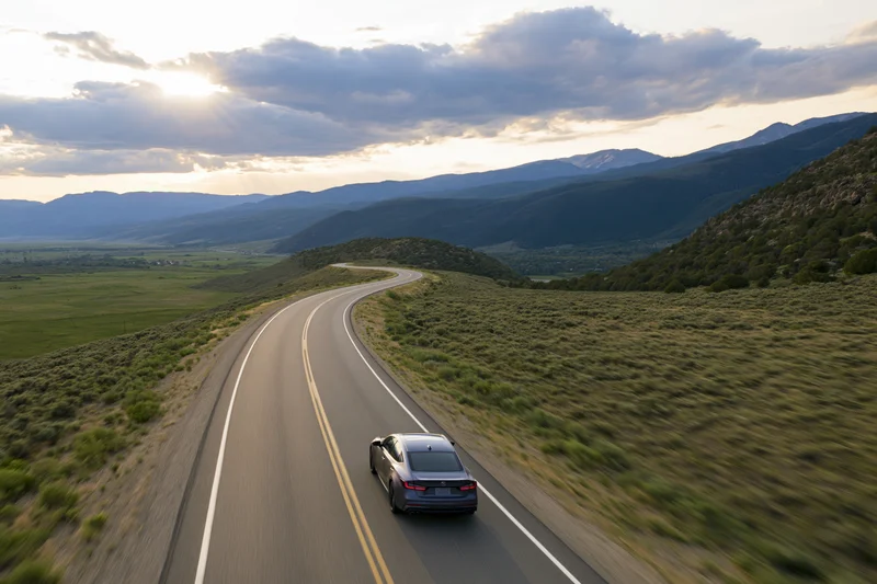 Dark sedan driving away on winding two-lane highway through mountainous rural landscape at sunset