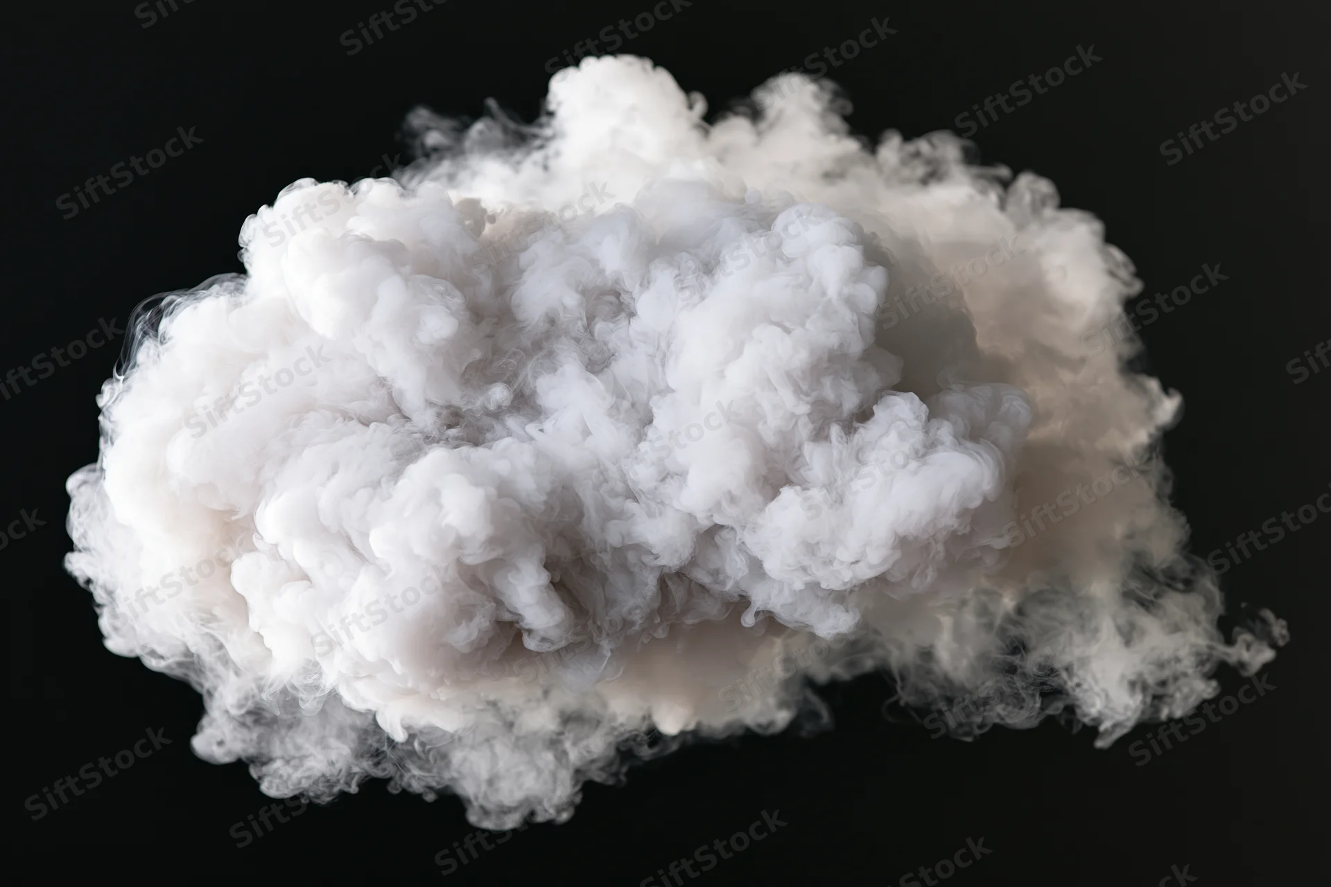 Dense white smoke cloud billowing and expanding midair against black background
