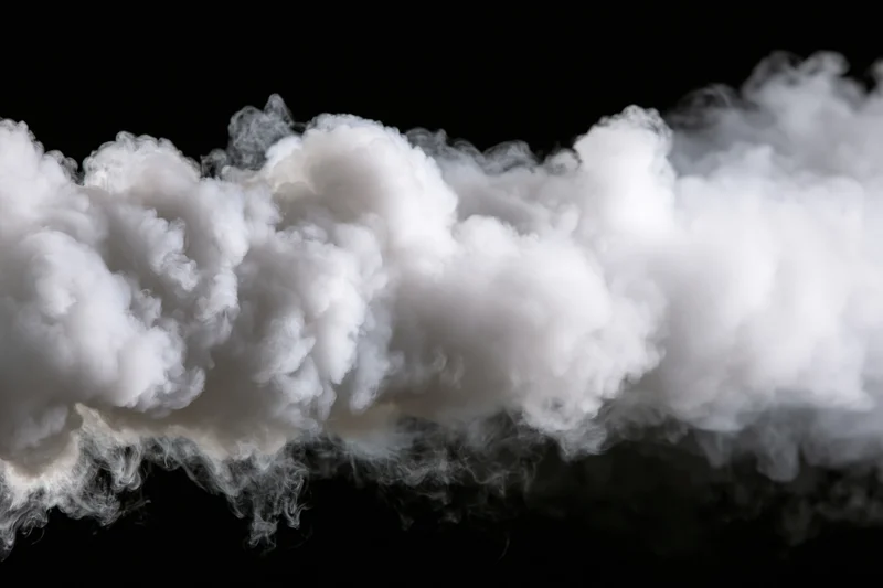 Dense white smoke billowing horizontally against black background
