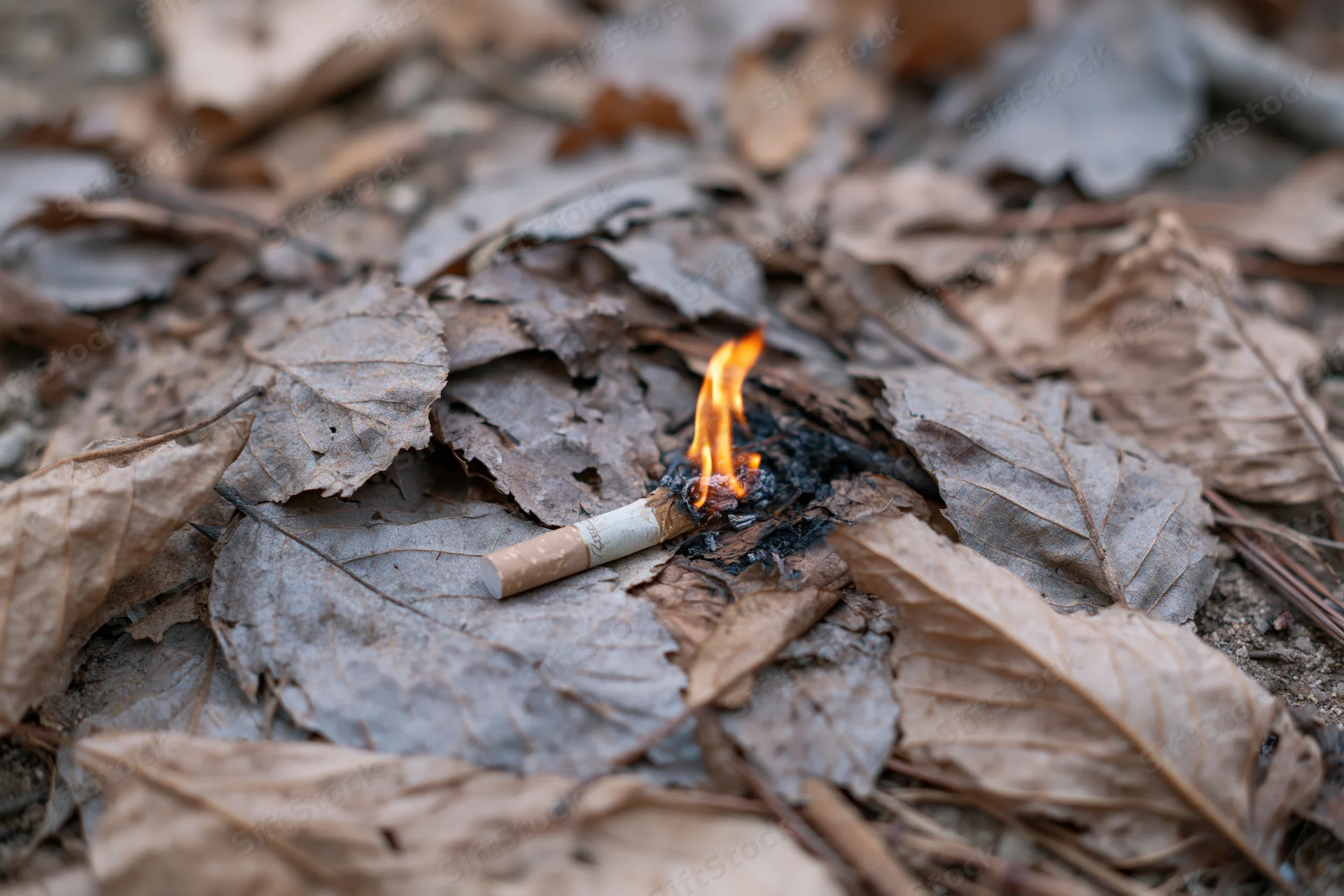 Burning cigarette butt among dry fallen leaves on forest ground