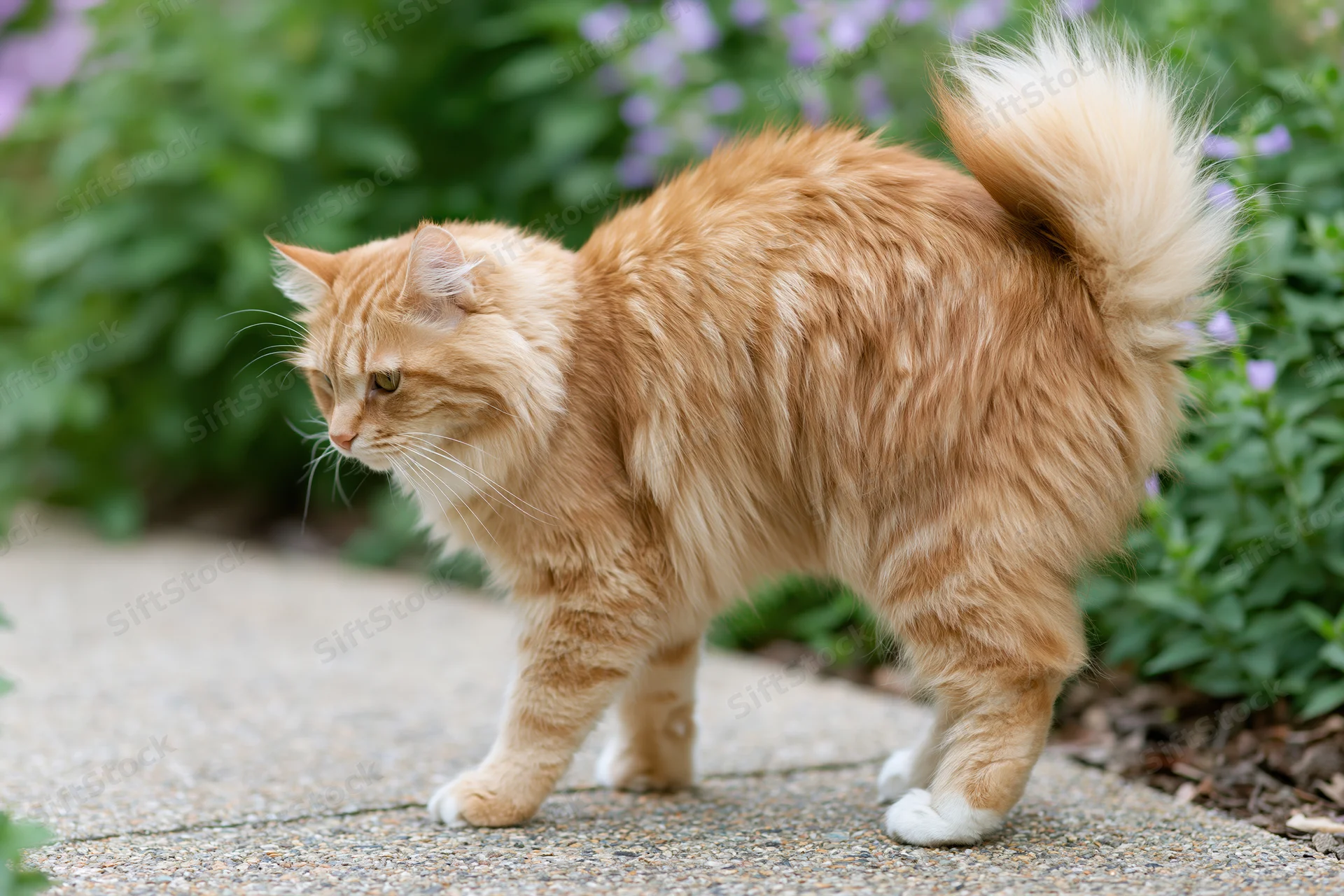Ginger tabby cat walking alertly on a garden pathway surrounded by greenery and purple flowers