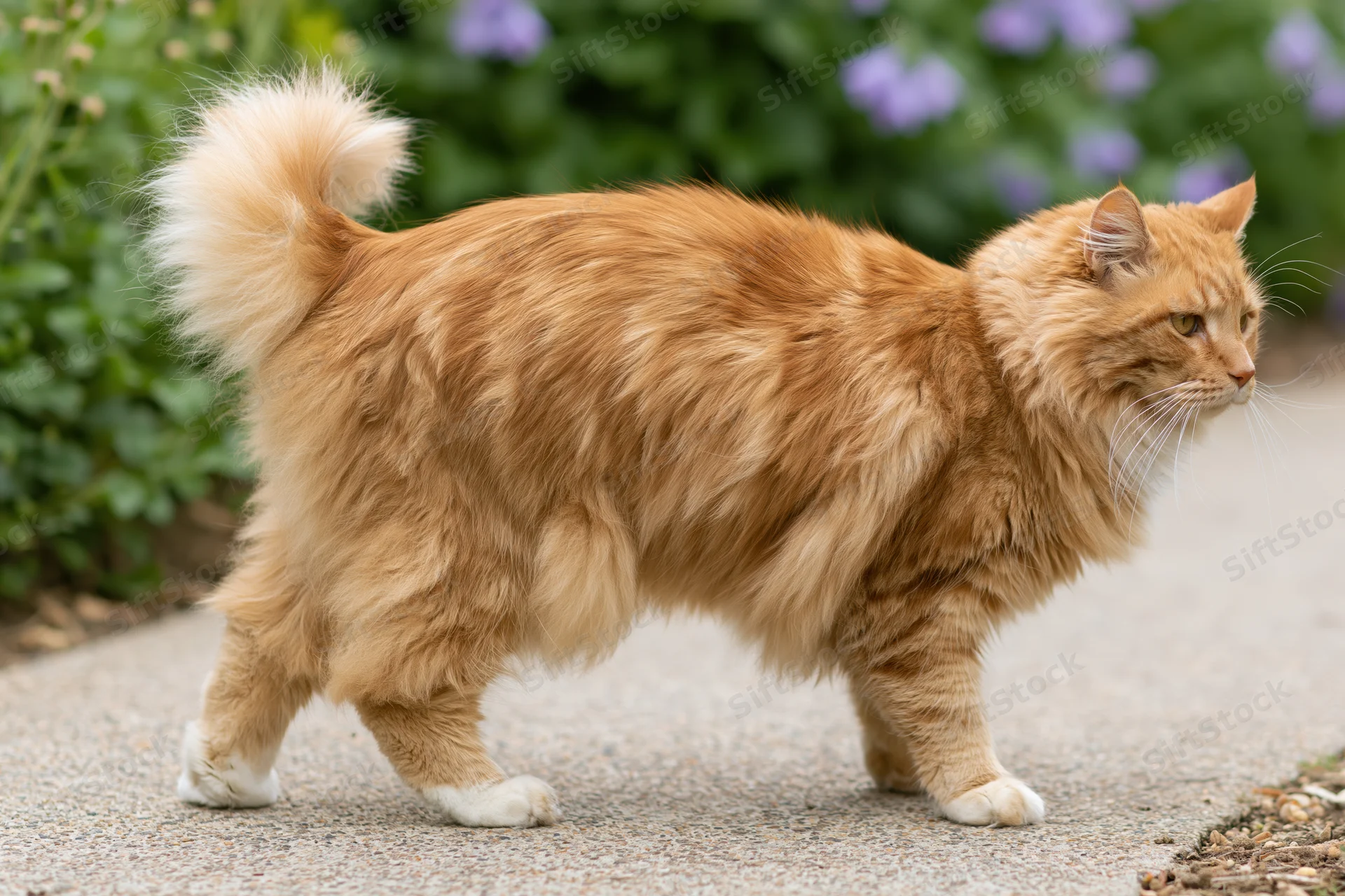 Ginger fluffy tabby cat walking alertly on a gravel path beside green garden foliage