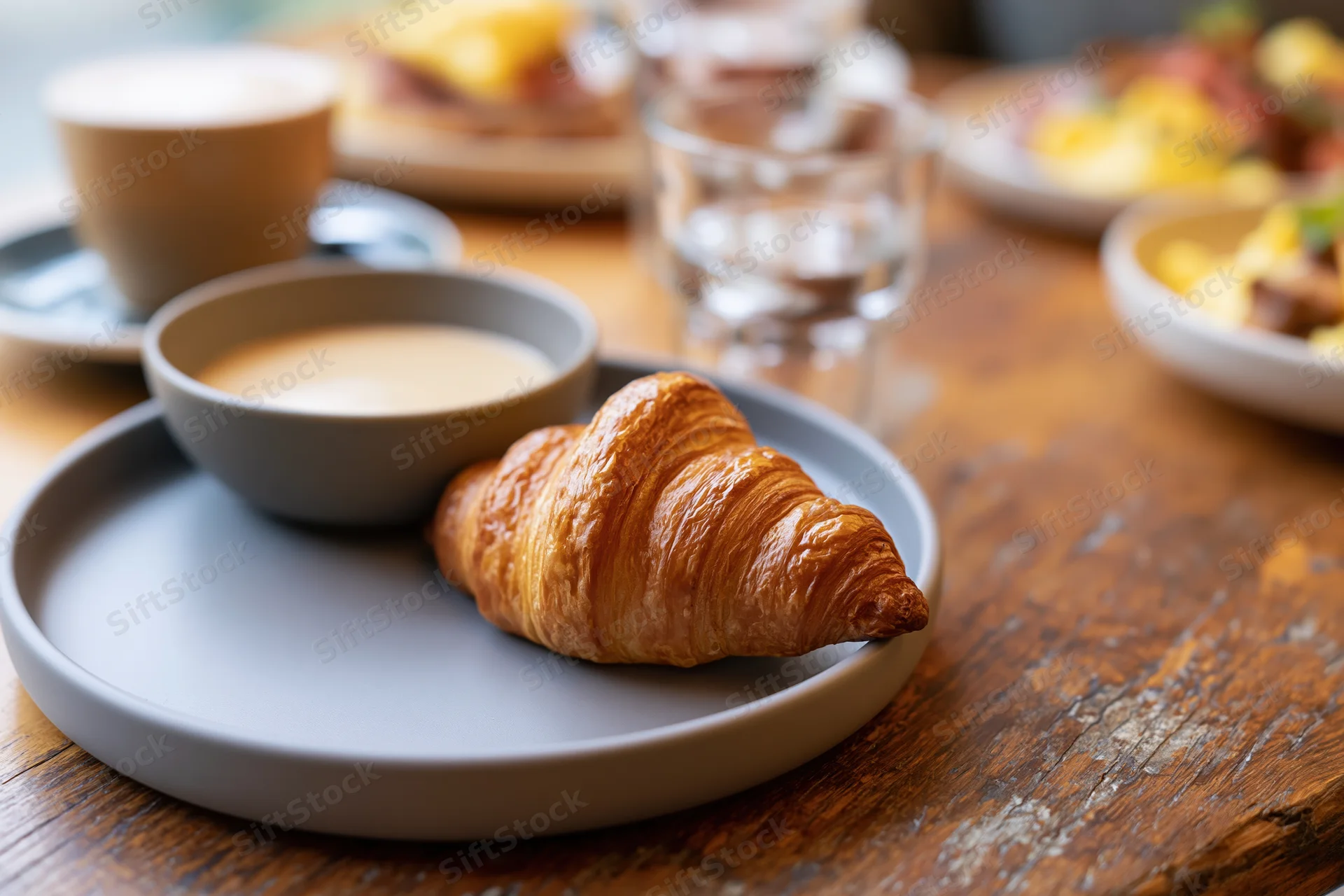 Golden flaky croissant on a matte grey ceramic plate with a bowl of cream on a wooden table