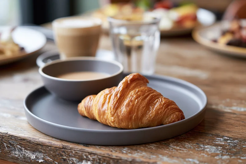 Golden flaky croissant on a matte grey ceramic plate with coffee and milk bowl on a rustic wooden table