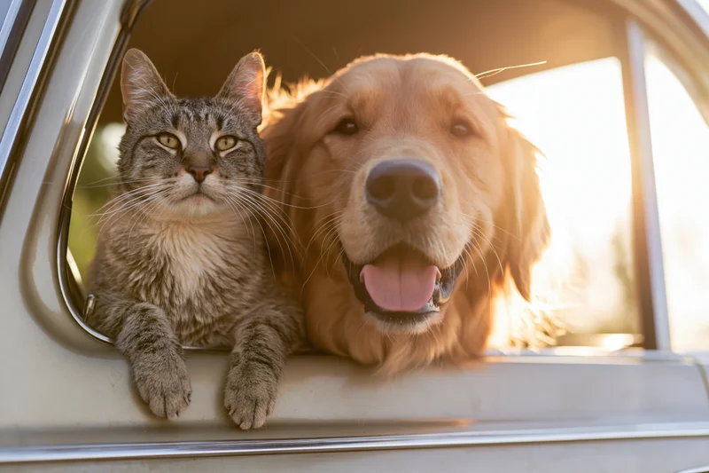 Golden retriever and tabby cat leaning out of vintage car window in sunlight