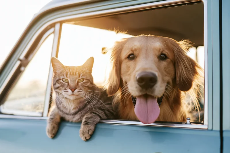 Golden retriever and tabby cat leaning out of vintage car window during golden hour