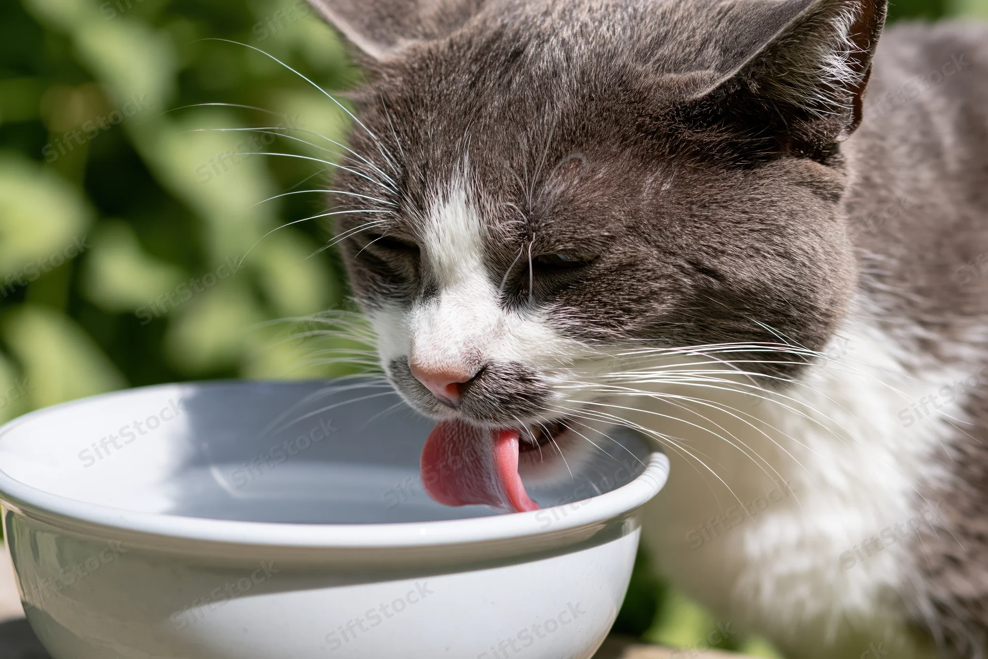 Grey and white domestic cat drinking from a white ceramic bowl outdoors in a garden setting