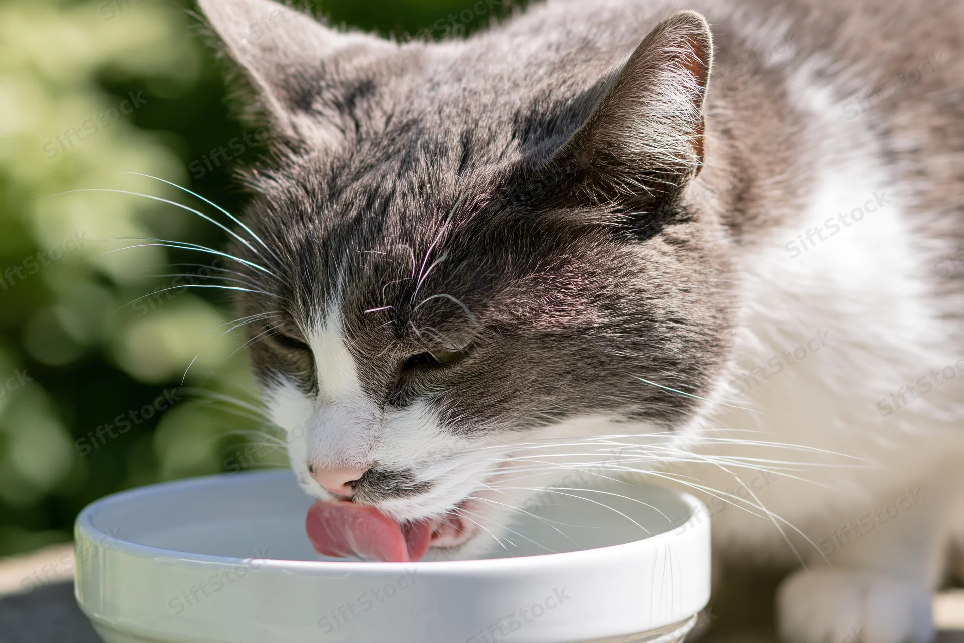 Grey and white domestic cat drinking from a white ceramic bowl outdoors