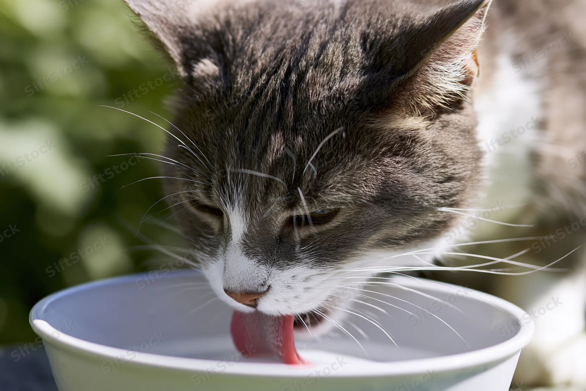 Gray and white domestic cat drinking water from a white ceramic bowl outdoors