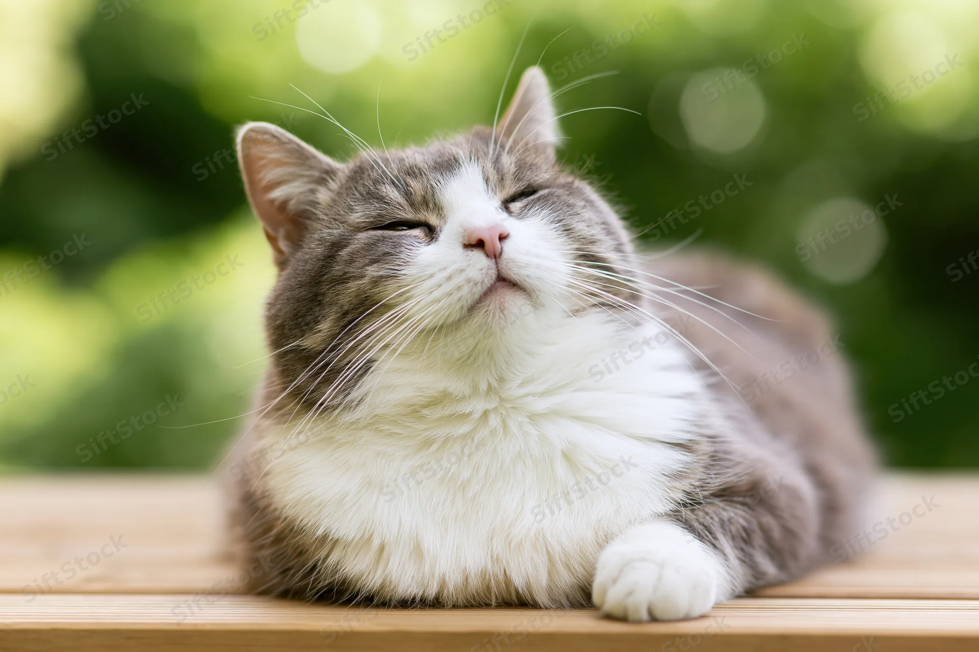 Grey and white domestic cat lying relaxed on wooden garden deck with green foliage background