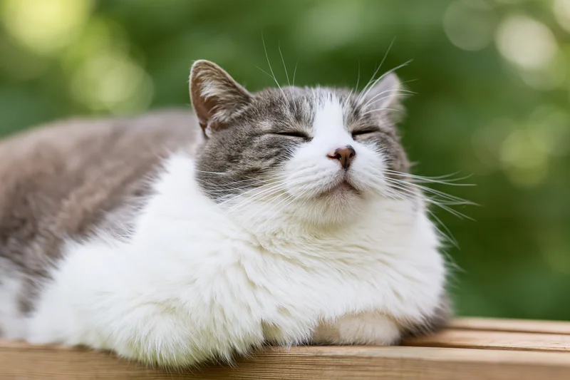 Grey and white domestic cat resting with eyes closed on wooden garden bench