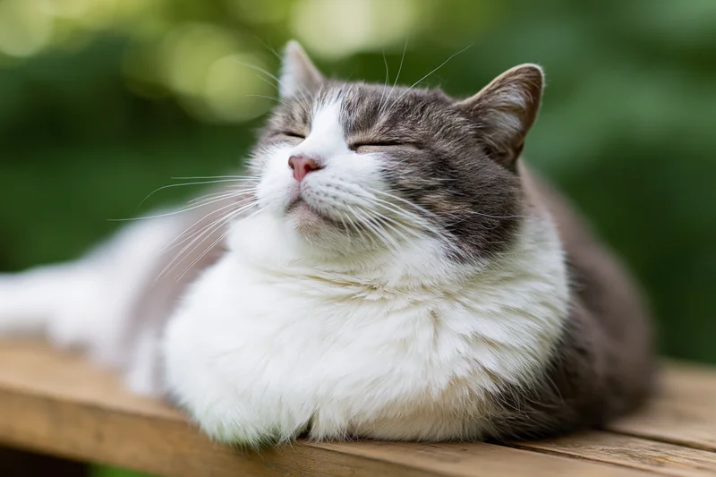 Grey and white domestic cat lying relaxed on wooden bench in garden