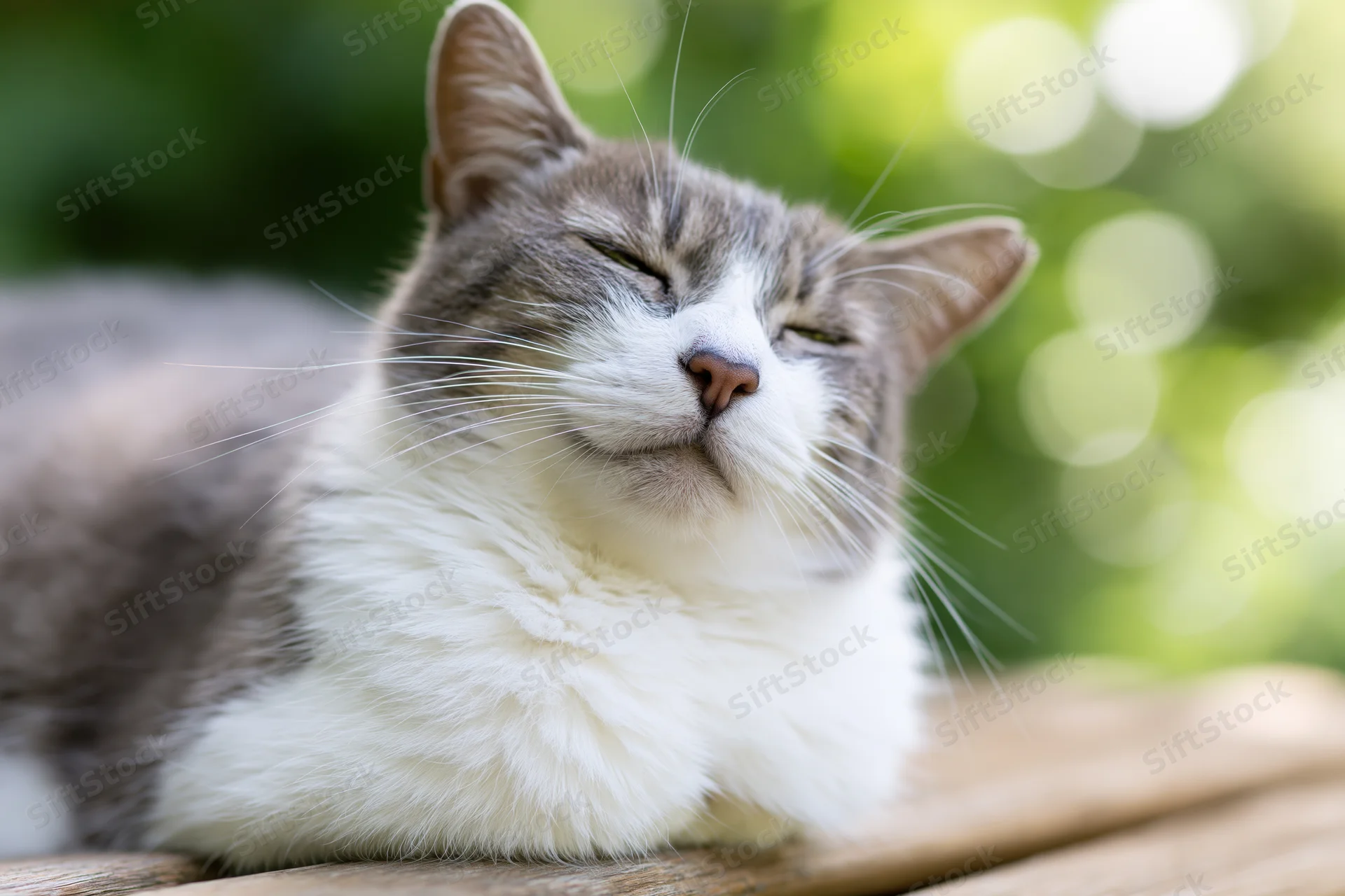 Grey and white domestic cat lying relaxed on wooden garden surface with eyes closed in sunlight