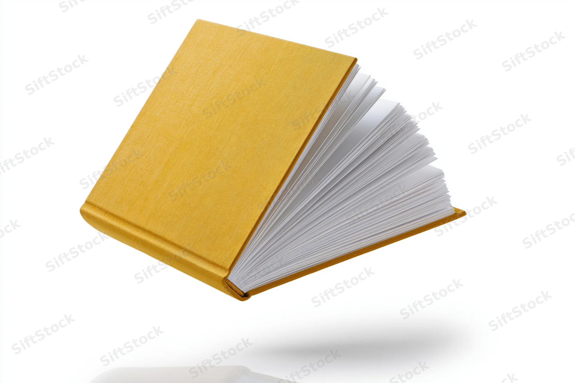 Open hardcover book with mustard-yellow cloth cover floating against white background
