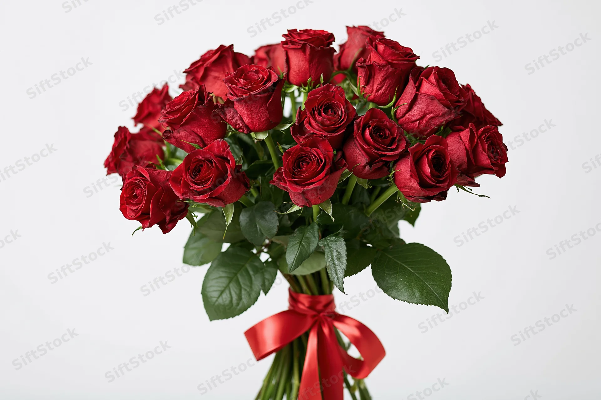 Large bouquet of deep red roses with green leaves and stems tied with a red satin ribbon against white background