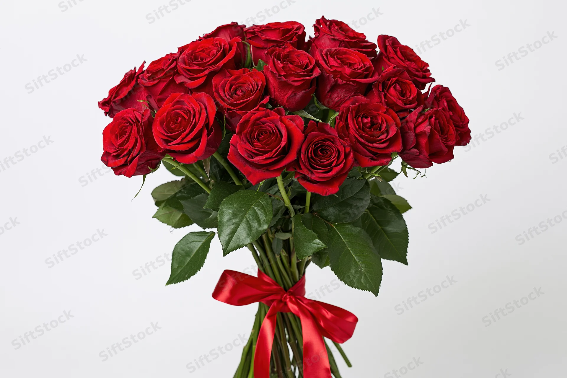 Large bouquet of deep red roses with green leaves and stems tied with a red ribbon on white background