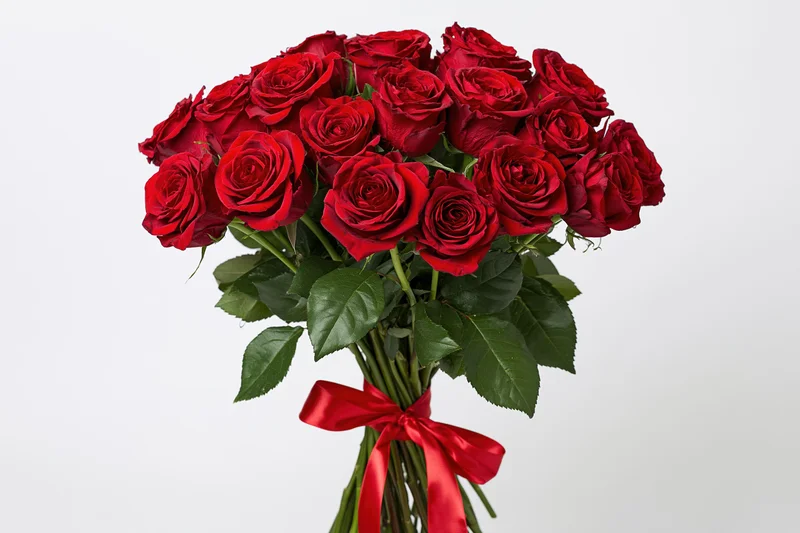 Large bouquet of deep red roses with green leaves and stems tied with a red ribbon on white background