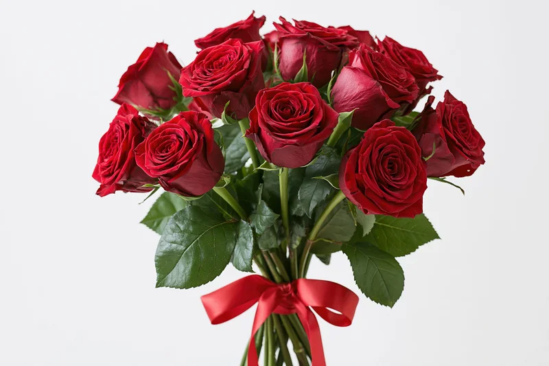 Large bouquet of deep red roses with green leaves and stems tied with a red ribbon against white background