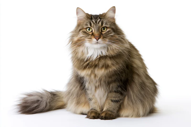 Long-haired tabby cat sitting upright facing the camera on white background