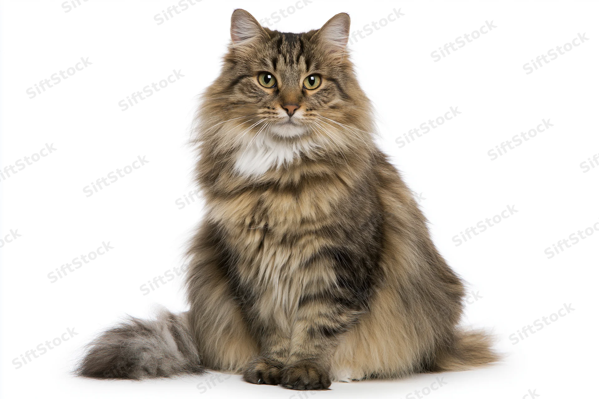 Long-haired tabby cat sitting upright facing the camera on white background