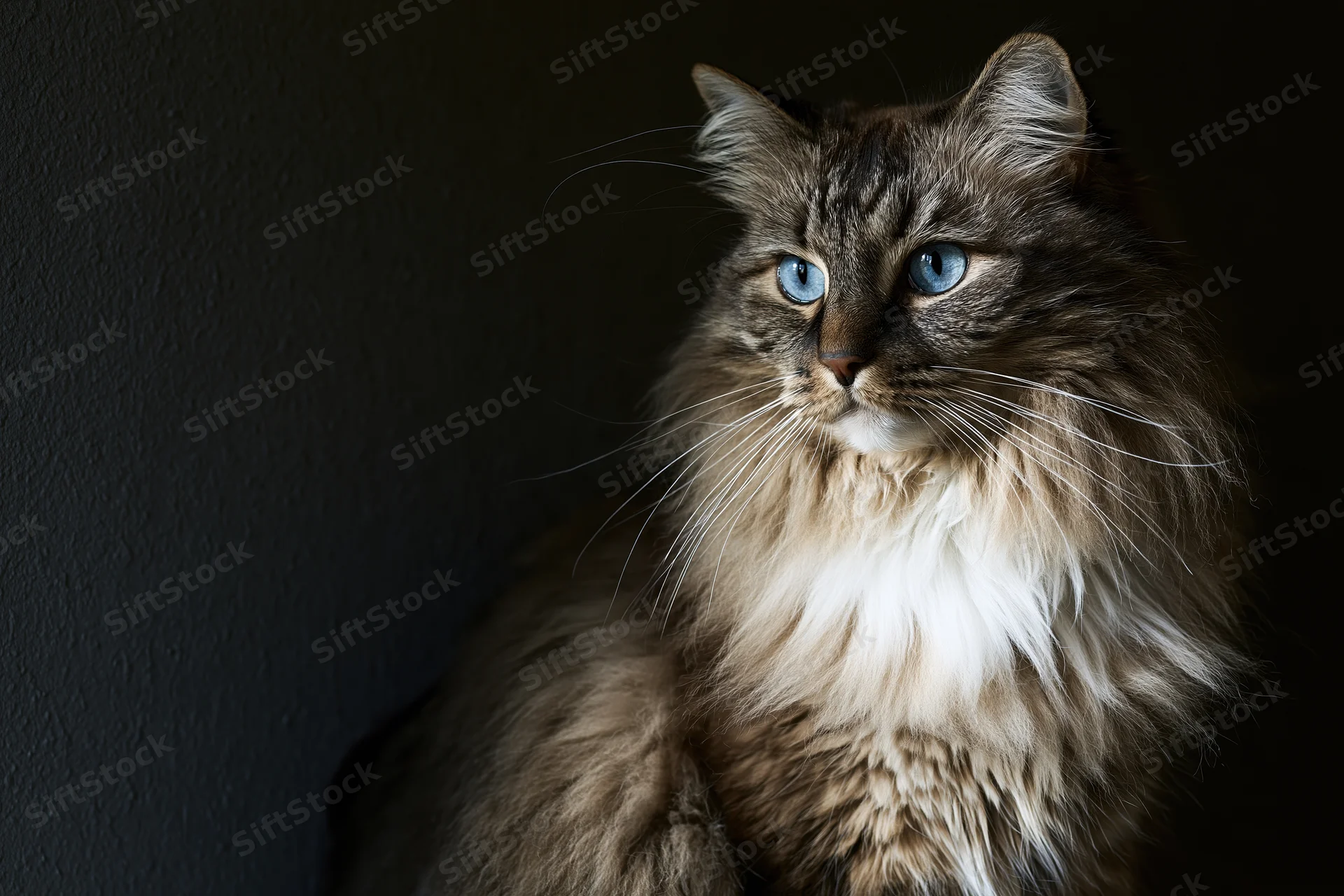 Long-haired tabby cat with blue eyes and white chest sitting against dark background, looking alert in soft studio lighting