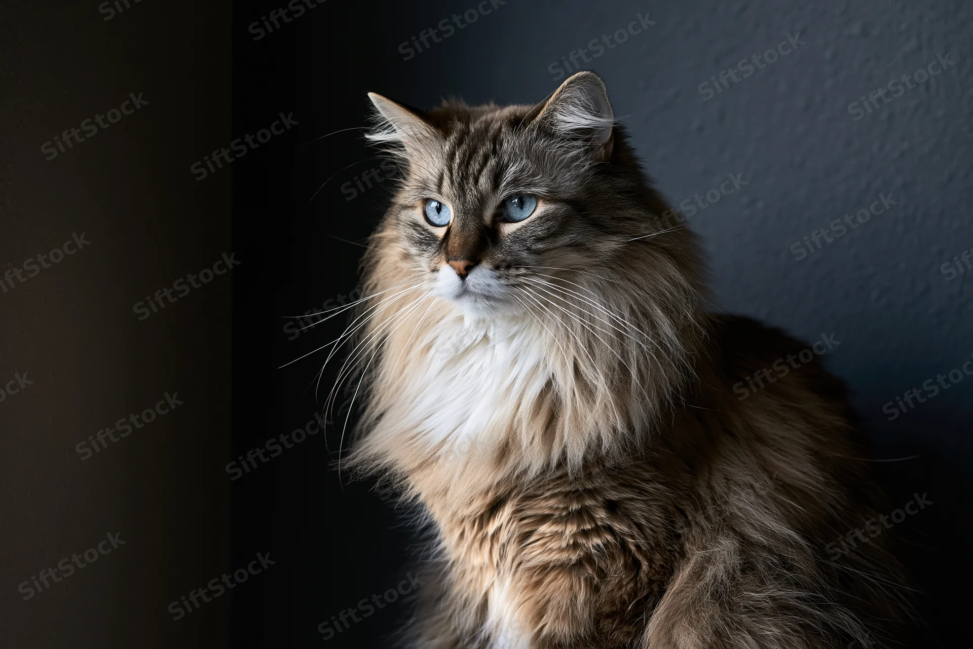 Long-haired tabby cat with blue eyes and white chest sitting in profile against dark textured wall