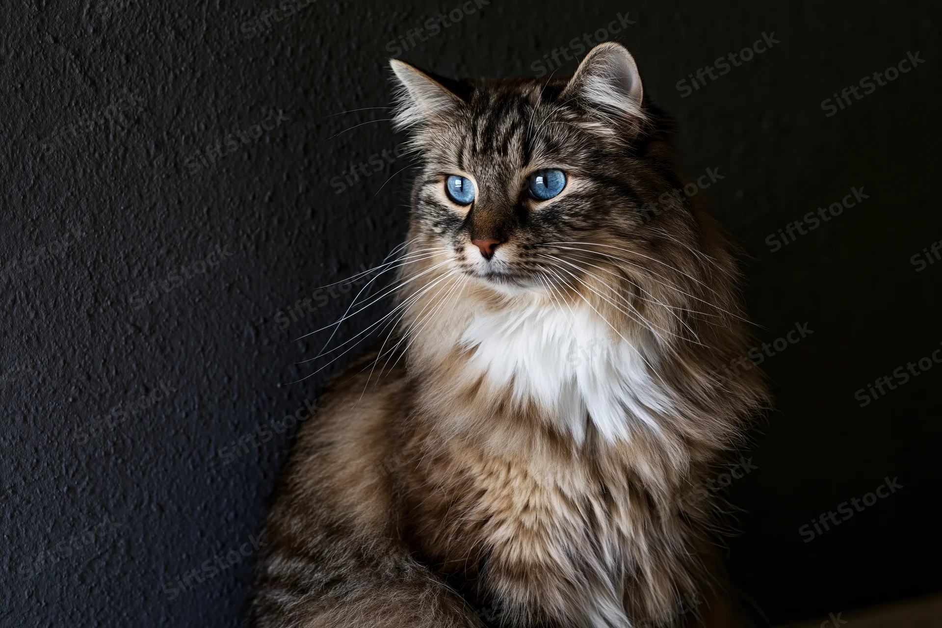 Long-haired tabby cat with blue eyes and white chest sitting against dark textured wall
