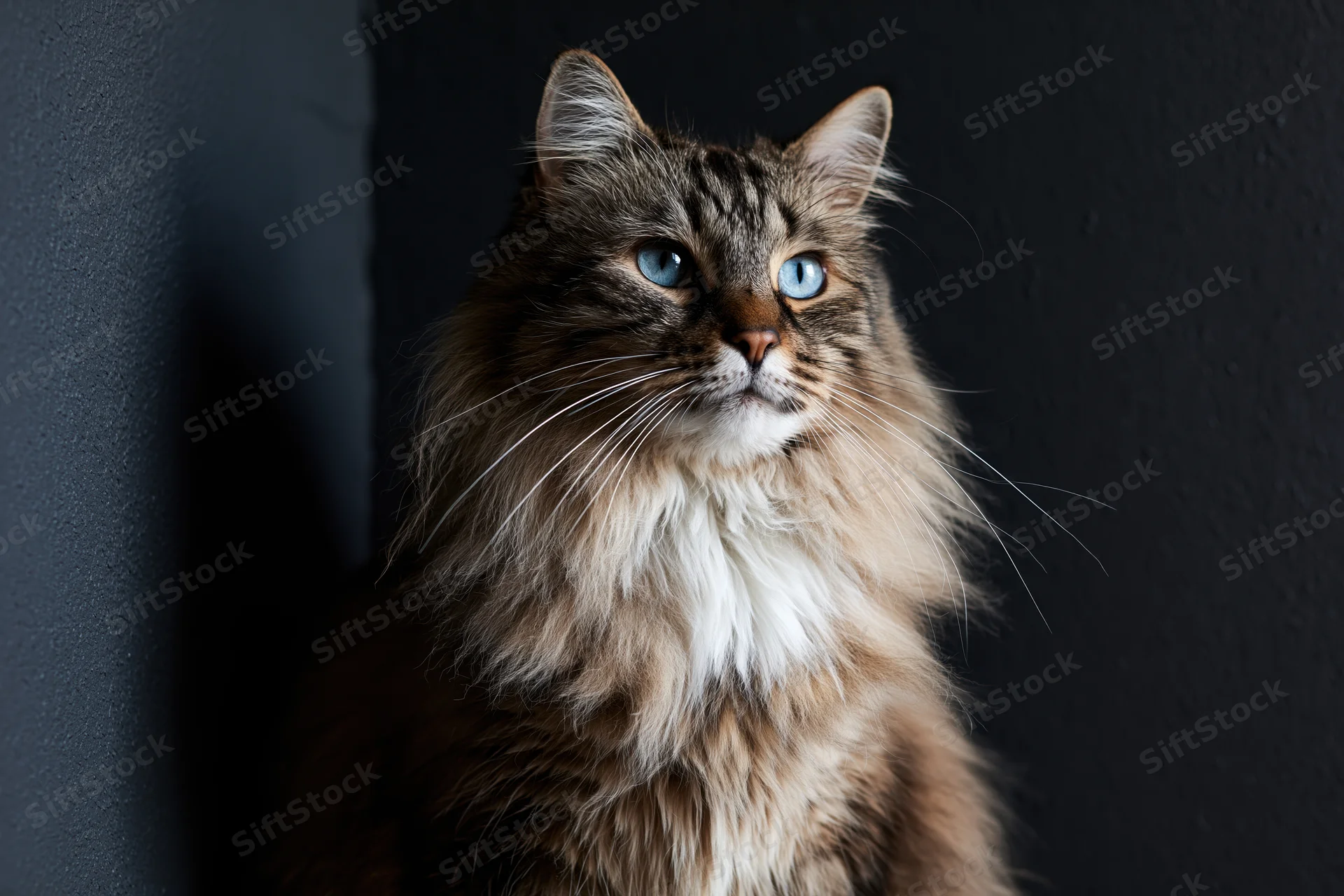 Long-haired tabby cat with blue eyes and white chest sitting against dark wall, looking up, close-up portrait