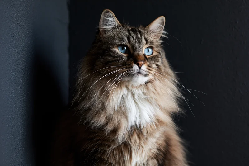 Long-haired tabby cat with blue eyes and white chest sitting against dark wall, looking up, close-up portrait