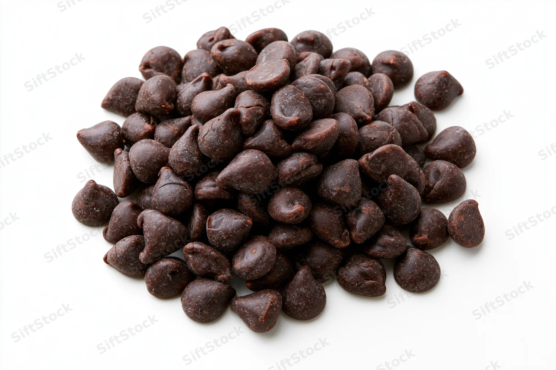 A pile of dark chocolate chips heaped on a white background