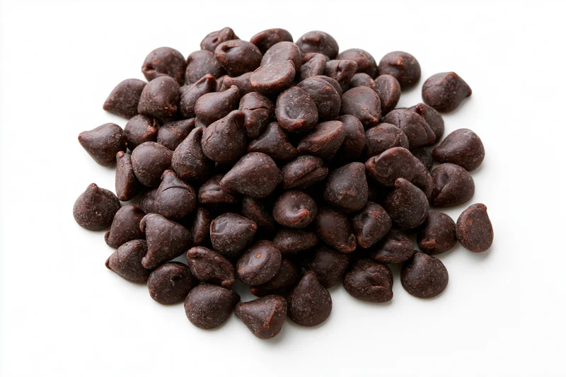 A pile of dark chocolate chips heaped on a white background