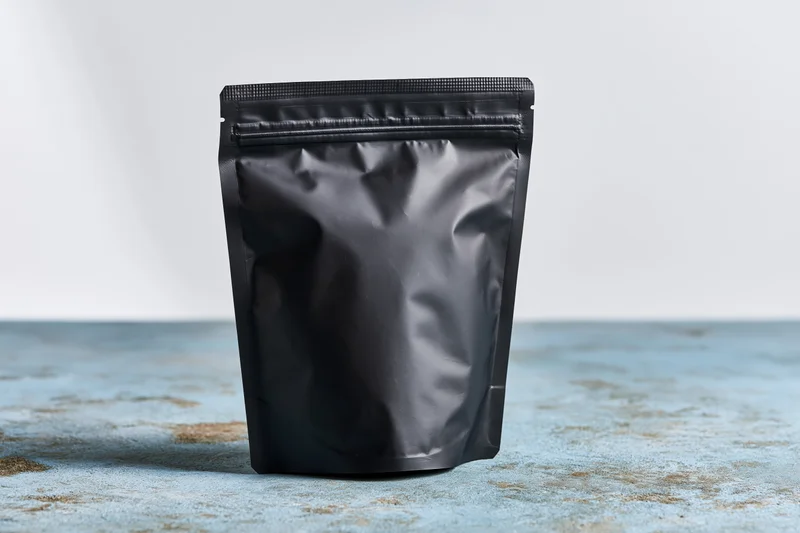 Matte black flat-bottom coffee pouch with zip seal standing on textured blue surface