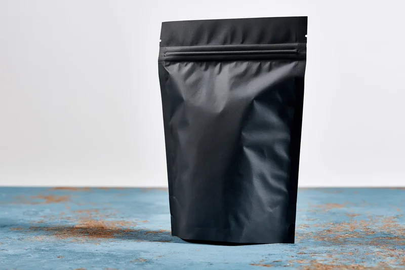 Matte black flat-bottom coffee pouch with zip seal standing on blue textured surface