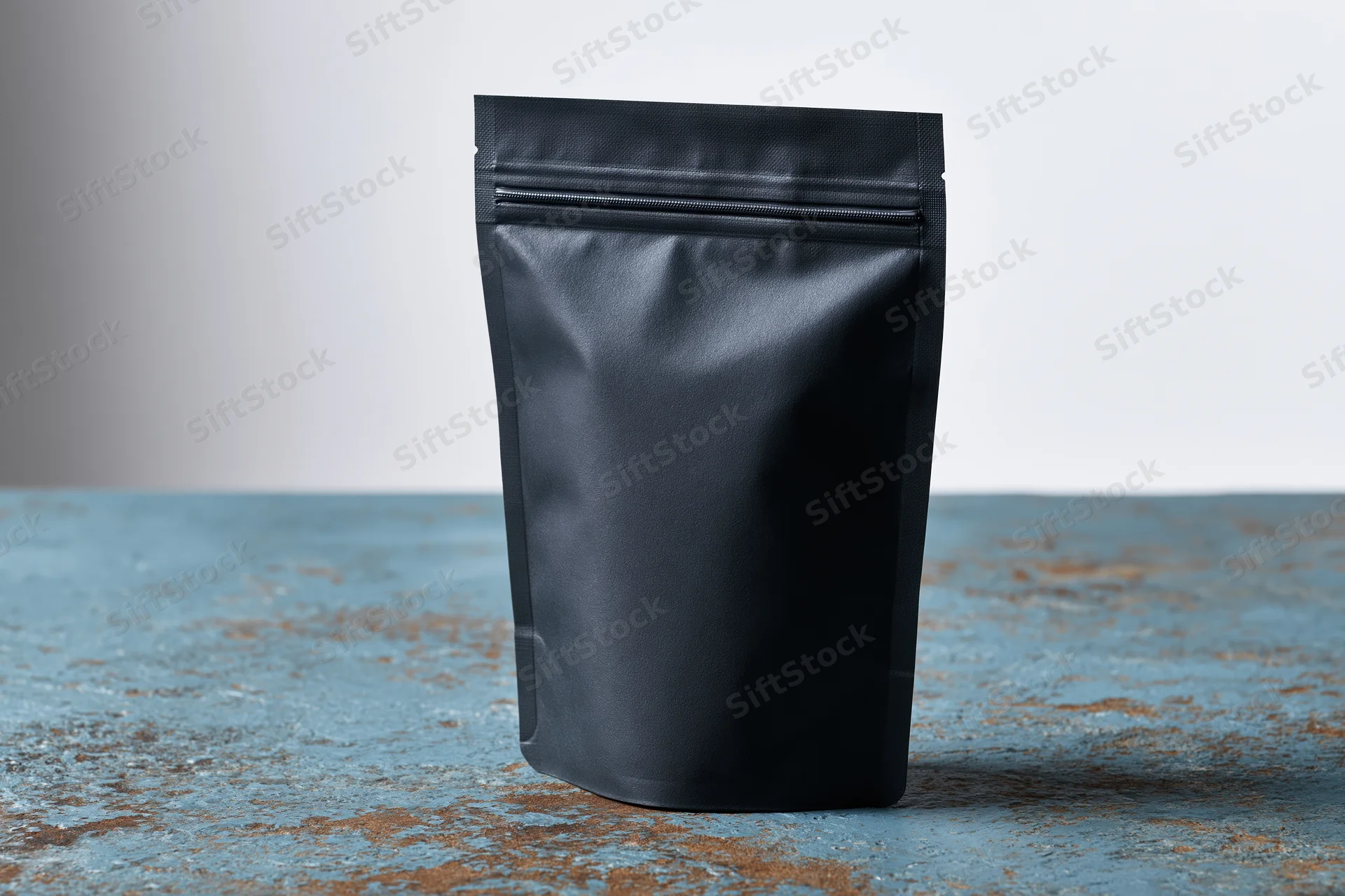 Matte black coffee pouch with zip seal standing on blue textured surface
